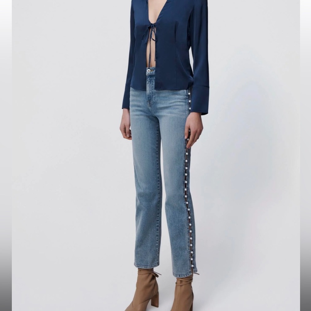 Jonathan Simkhai Amelia Embellished Cutout High Rise Straight Jeans in Juno